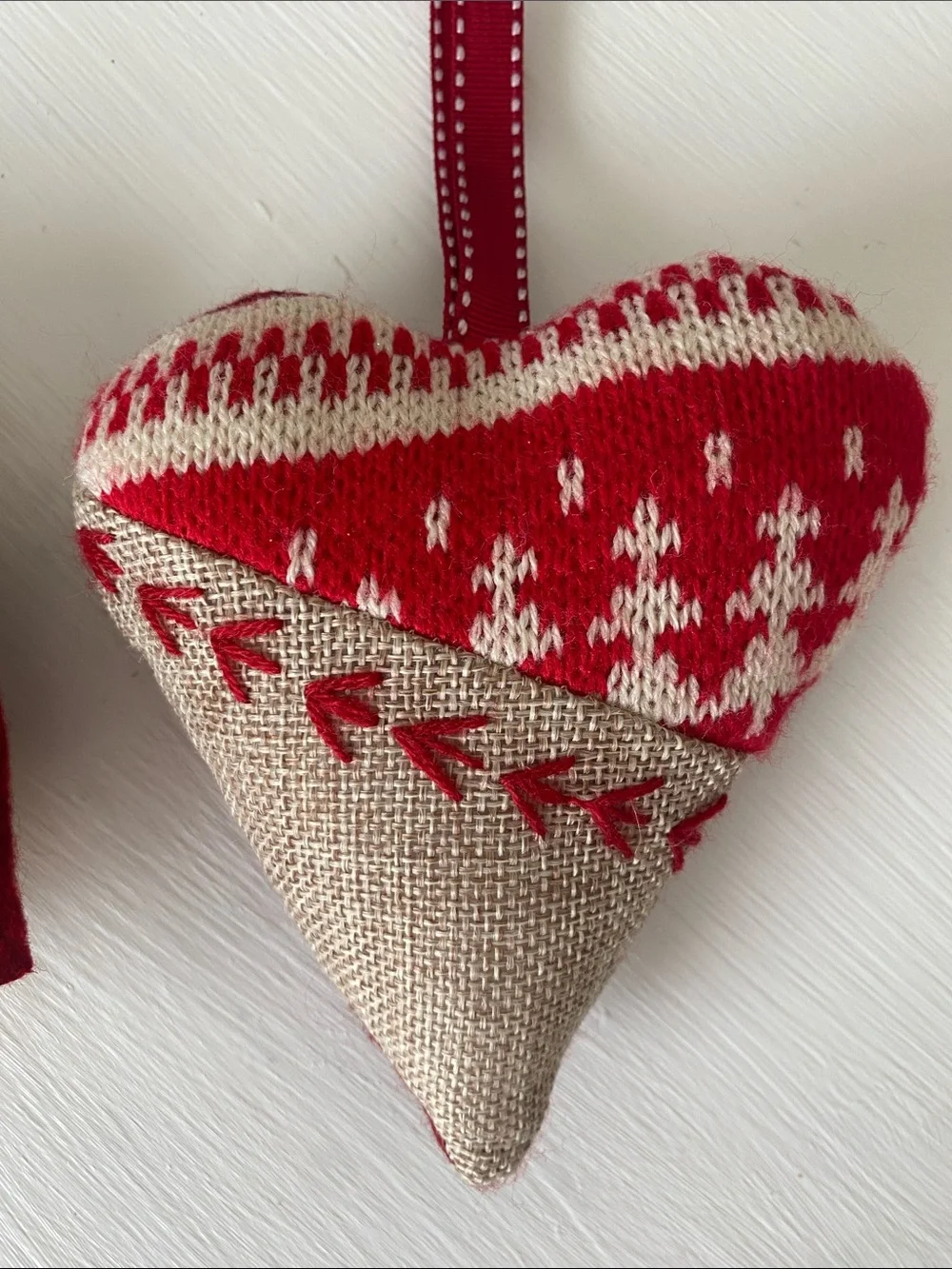 Set of 2 Rustic Burlap & Red Festive Owl and Heart Ornaments, Christmas Holiday